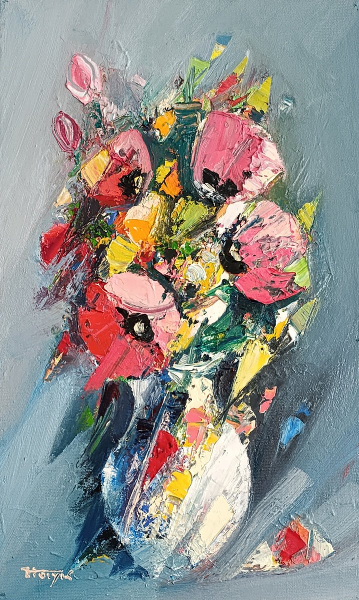 Abstract Botanical Oil Painting By Hayk Miqayelyan, 12 X 20, The Poppy