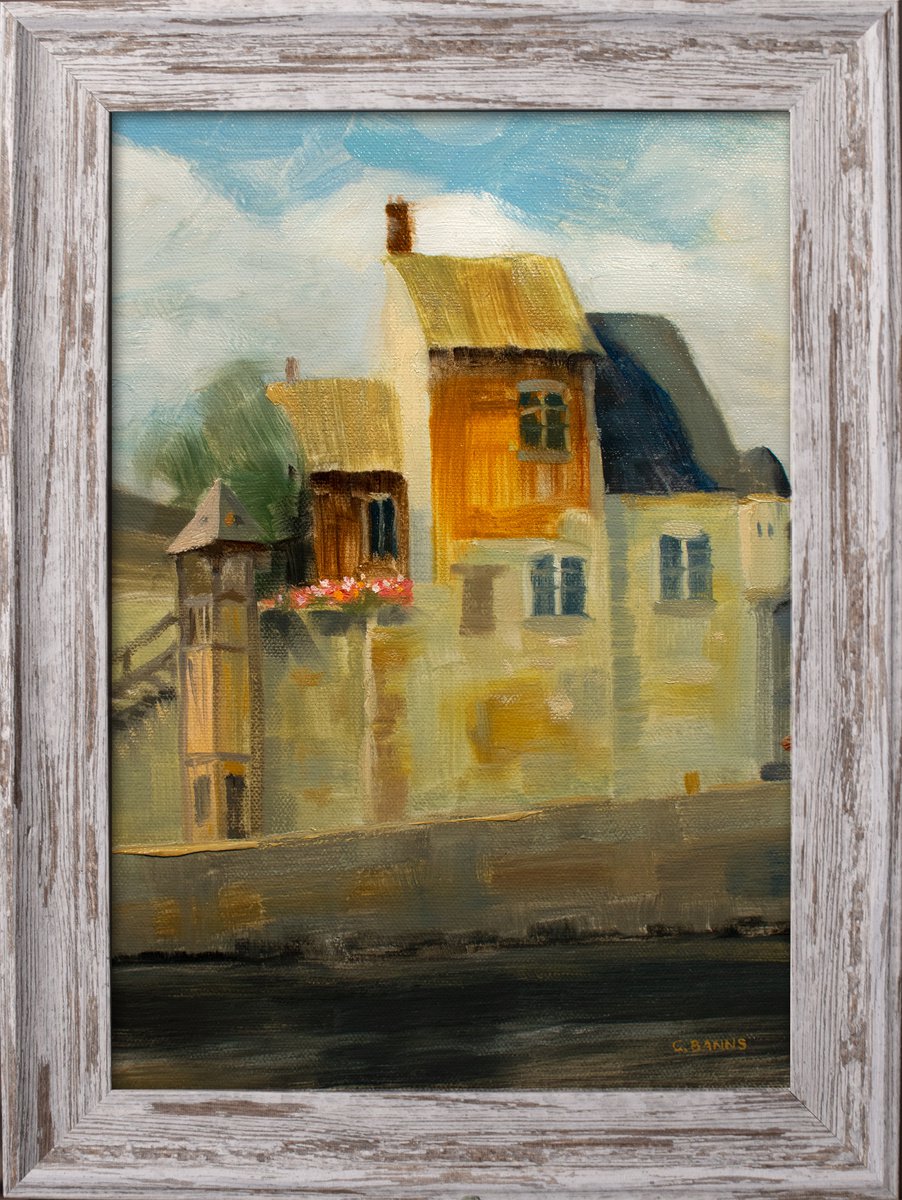 Honfleur harbor France, old buildings framed oil painting by Gav Banns