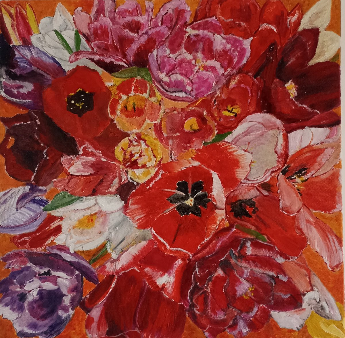 Impressionistic Botanical Oil Painting By Isabelle Lucas, 16 X 16, Tulips 2024, Original Artwork