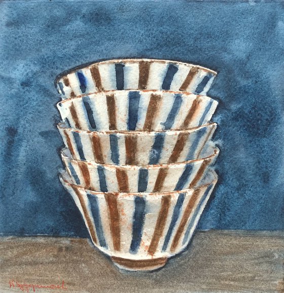 Blue and brown striped bowls