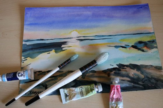 Original watercolor, hand painting, Sunset on the firth, abstract coastal landscape, seascape fine art, wall art office wall decor, modern art