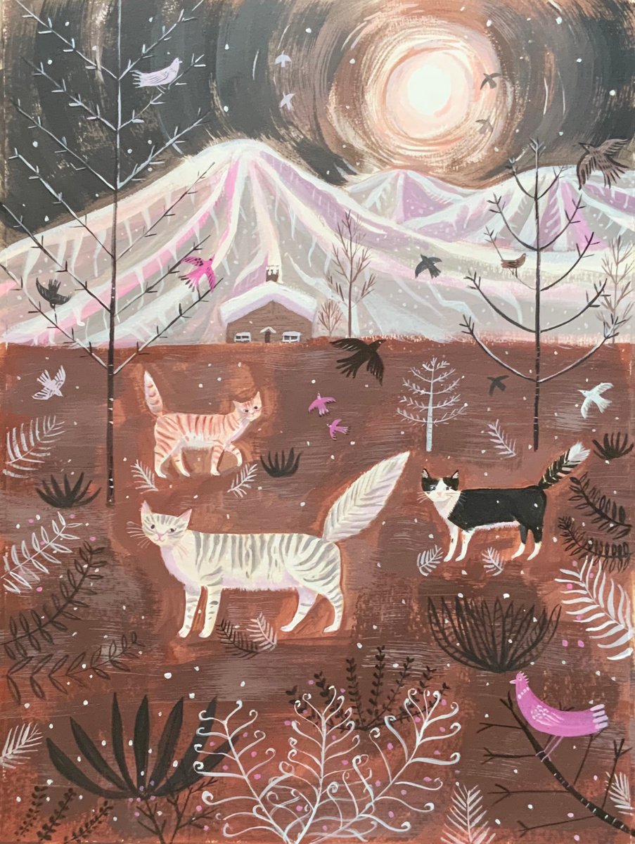 Naive Animal Acrylic Painting By Mary Stubberfield, 13 X 18", Cats In Winter, Original Artwork