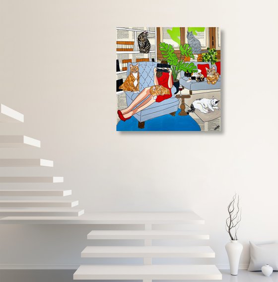 Cat Capers - Crazy Cat Lady 76cm x 76cm