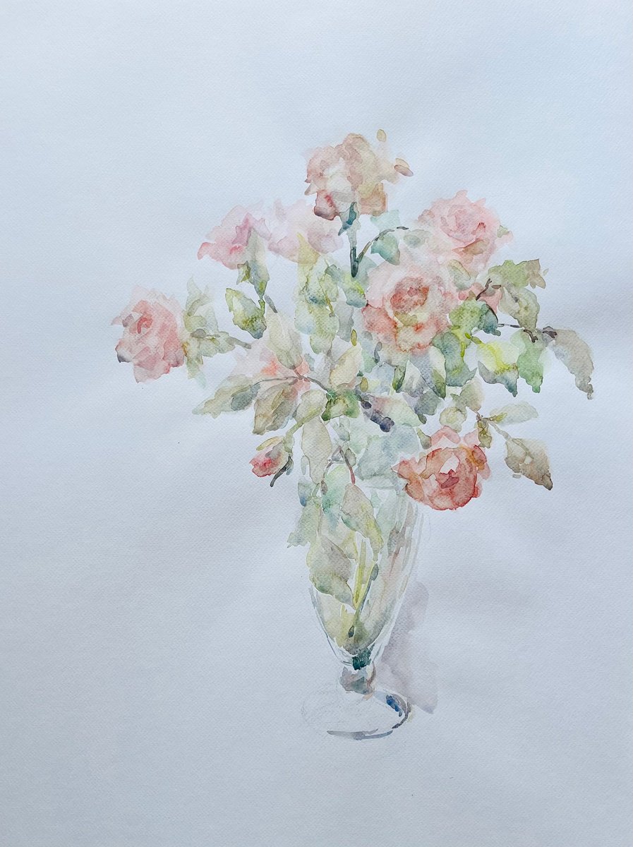 Impressionistic Watercolour , Roses In Vase 19,7X25,6 In By Elena Klyan, 20 X 26, Artwork For Sale On Artfinder