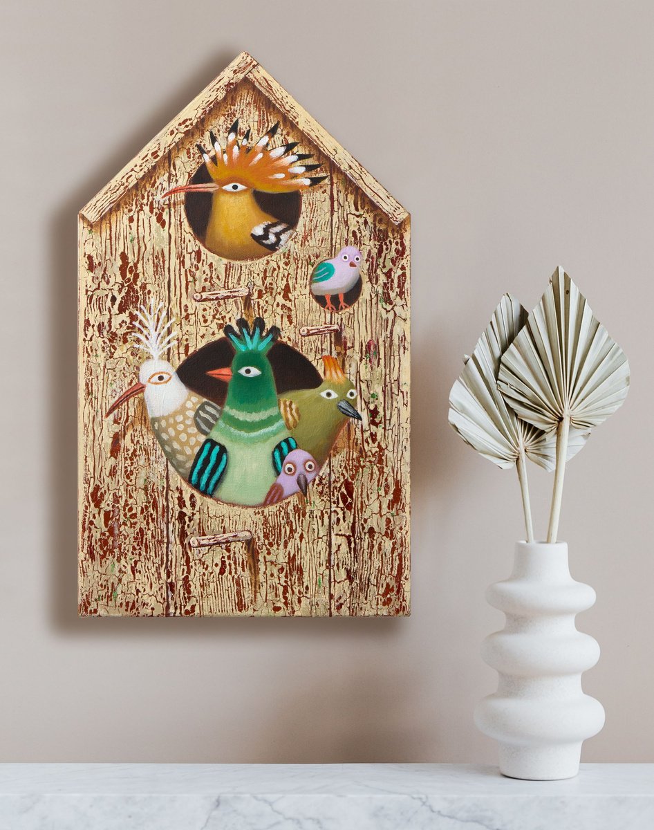 Naive Animal Acrylic Painting By Oleksandr Korol, 14 X 24", Birdhouse #12, Original Artwork