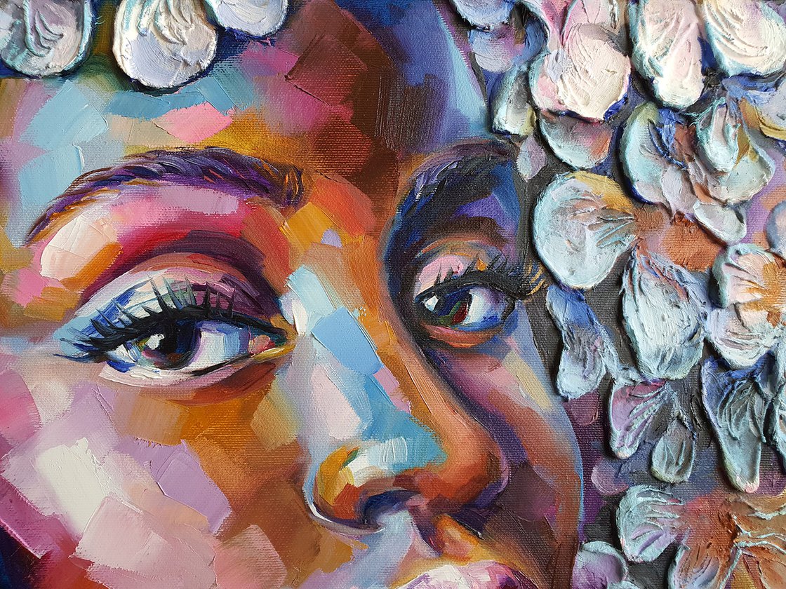 Original Oil Painting - Black Girl with White Flowers by Viktoria