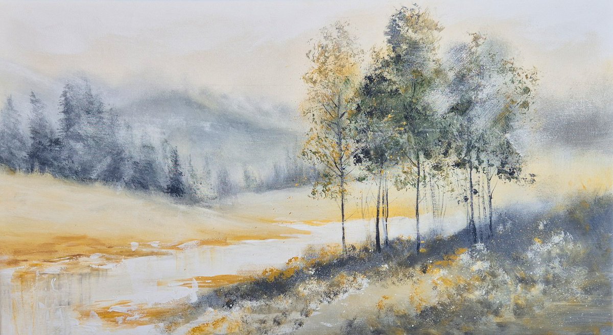 Impressionistic Landscape Acrylic Painting By Yulia Schuster, 35 X 20", Where The Morning Rests, Original Artwork