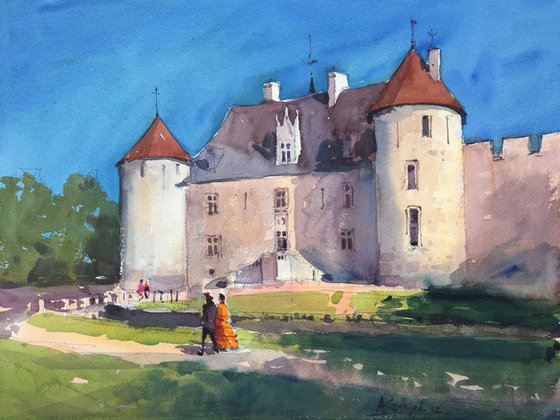 France Castle Château d'Ainay-le-Vieil Watercolor painting