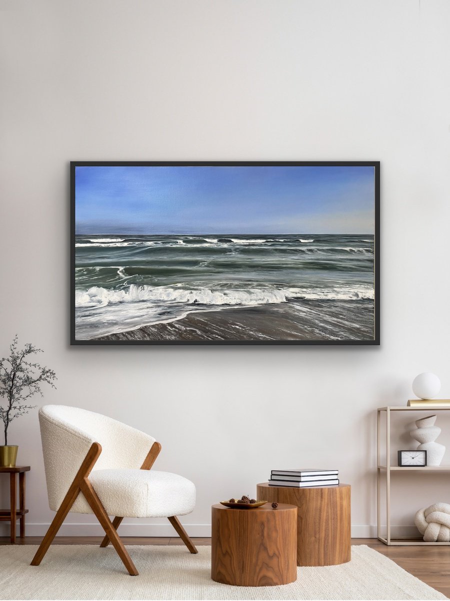 Photorealistic Landscape Oil Painting By Aflatun Israilov, 47 X 28, Sea, Original Artwork