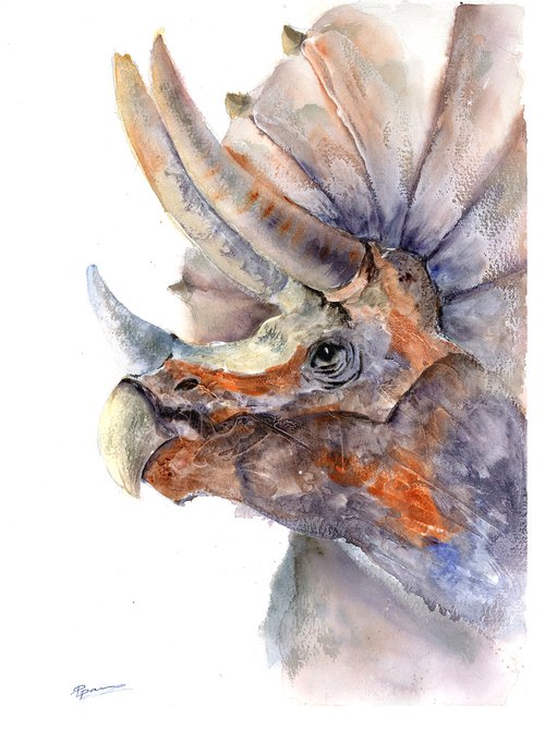 Triceratops  - Original Watercolor Painting by Olga Shefranov (Tchefranov)