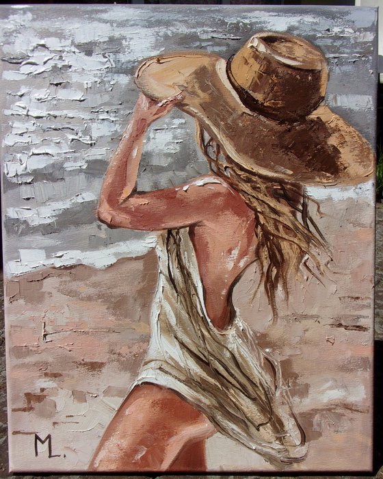 " For MM " SUN SKY SEA SAND liGHt  ORIGINAL OIL PAINTING, GIFT, PALETTE KNIFE