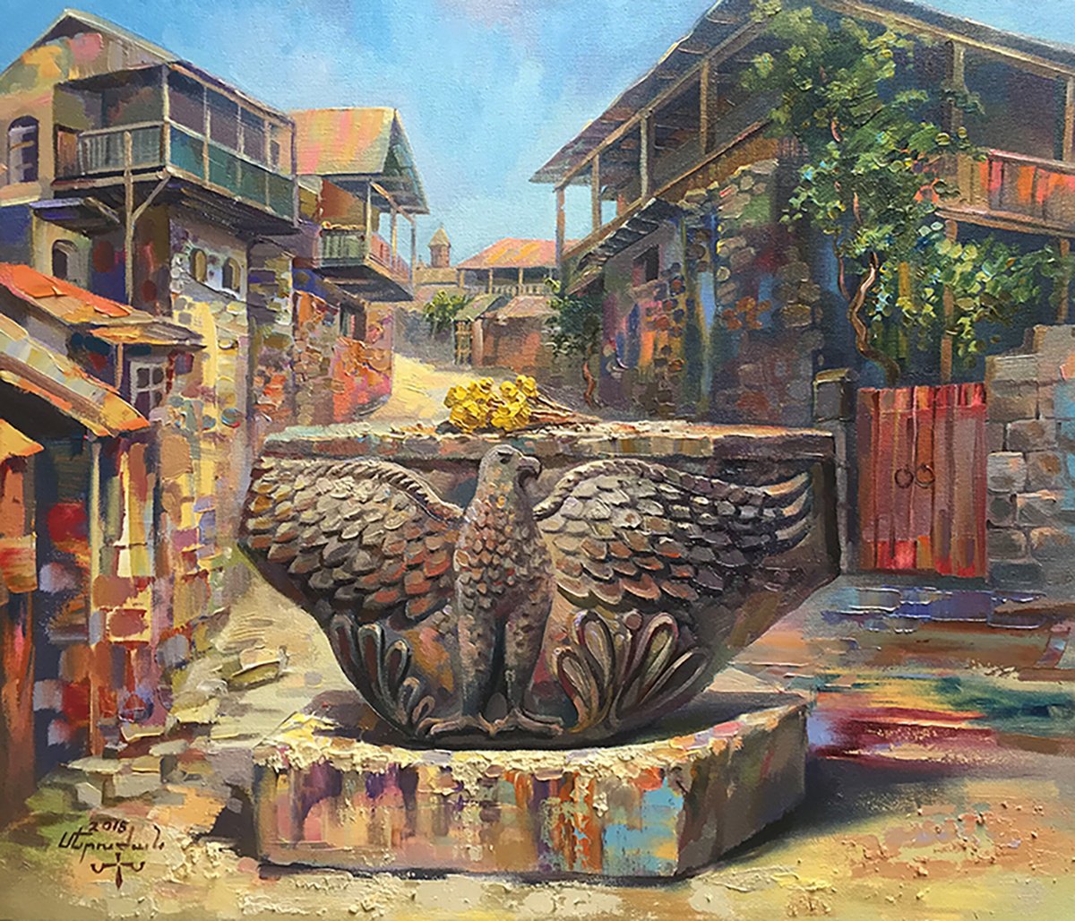 Impressionistic Cityscapes Oil Painting By Meruzhan Khachatryan, 28 X 26", Eagle Of Zvartnots, Original Artwork
