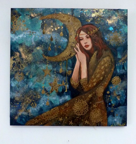 "The key to dreams". Dreaming woman on a wooden panel 30 x 30 cm.