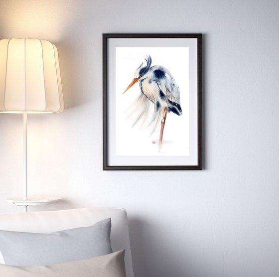 Grey heron - 22 x 29 in (56 x 76 cm) - Grey Heron Original Watercolor