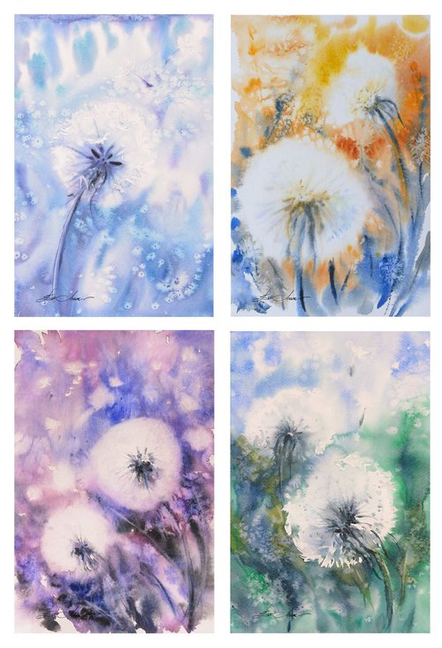 Dandelions set - four paintings !!! by Eve Mazur