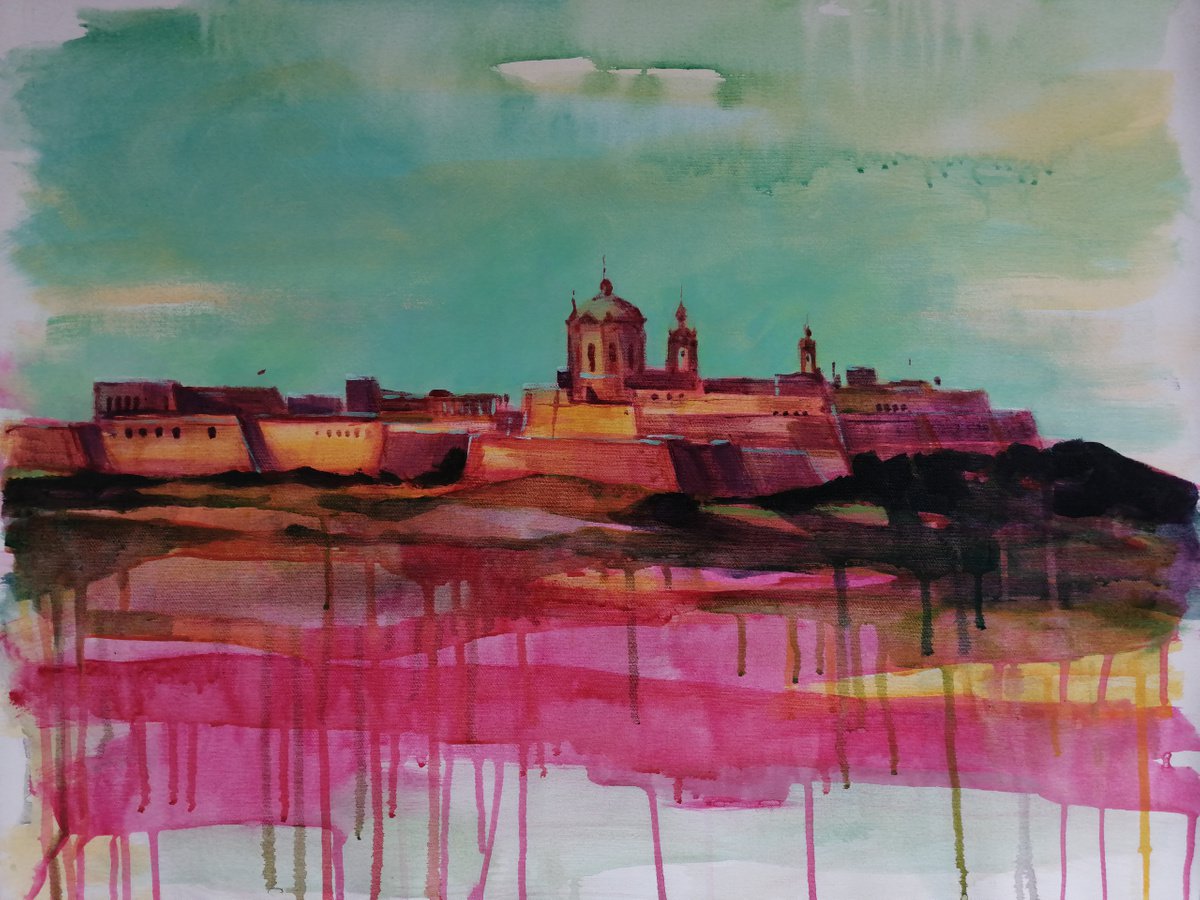 Urban And Pop Cityscapes Acrylic Painting By Olga David, 28 X 23", Malta