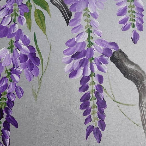Japanese lilac wisteria and love birds J221 - large silver triptych, original art, japanese style paintings by artist Ksavera