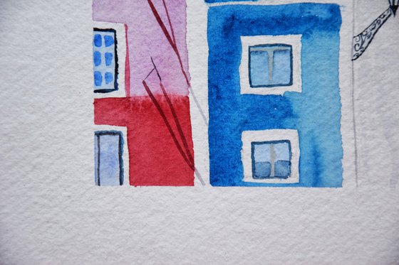 Lisbon small watercolor painting, colorful houses original painting, Portugal cityscape wall art