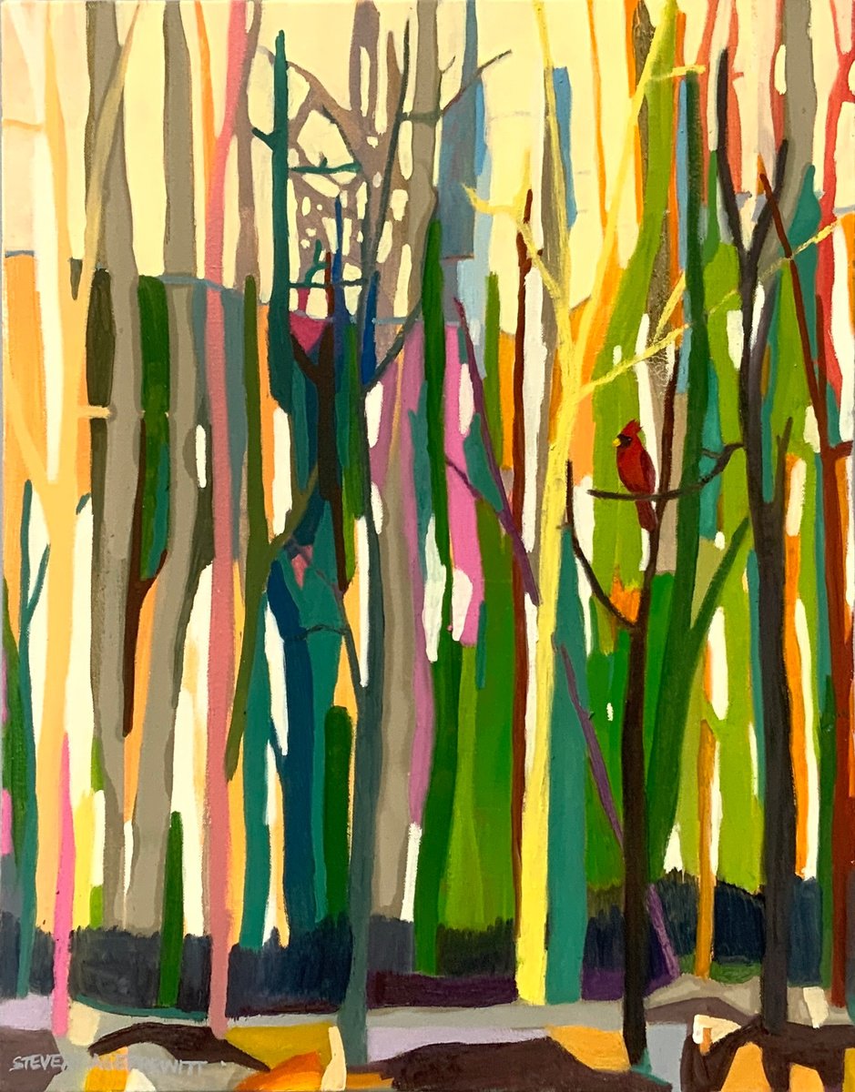 Impressionistic Abstract Oil Painting By Steven Page Prewitt, 22 X 28", Mr Cardinal