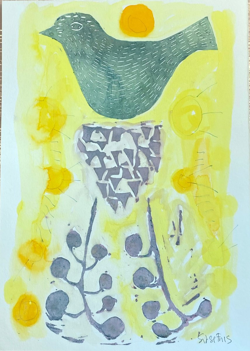 Gul sol og gron fugl(Yellow sun and green bird) by Sidse Friis