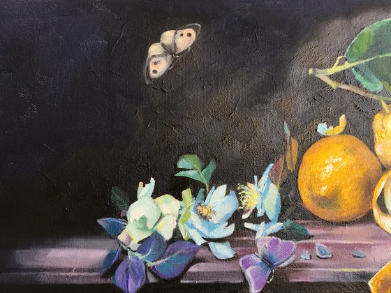 Still life with lemons, tea rose and butterflies