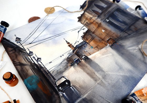 Rainy City _ ORIGINAL Watercolor Painting - Architecture Art