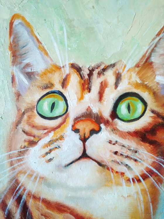 Cute Cat Portrait Artwork Cat Oil Painting Funny Pet Wall Art Kitten Art