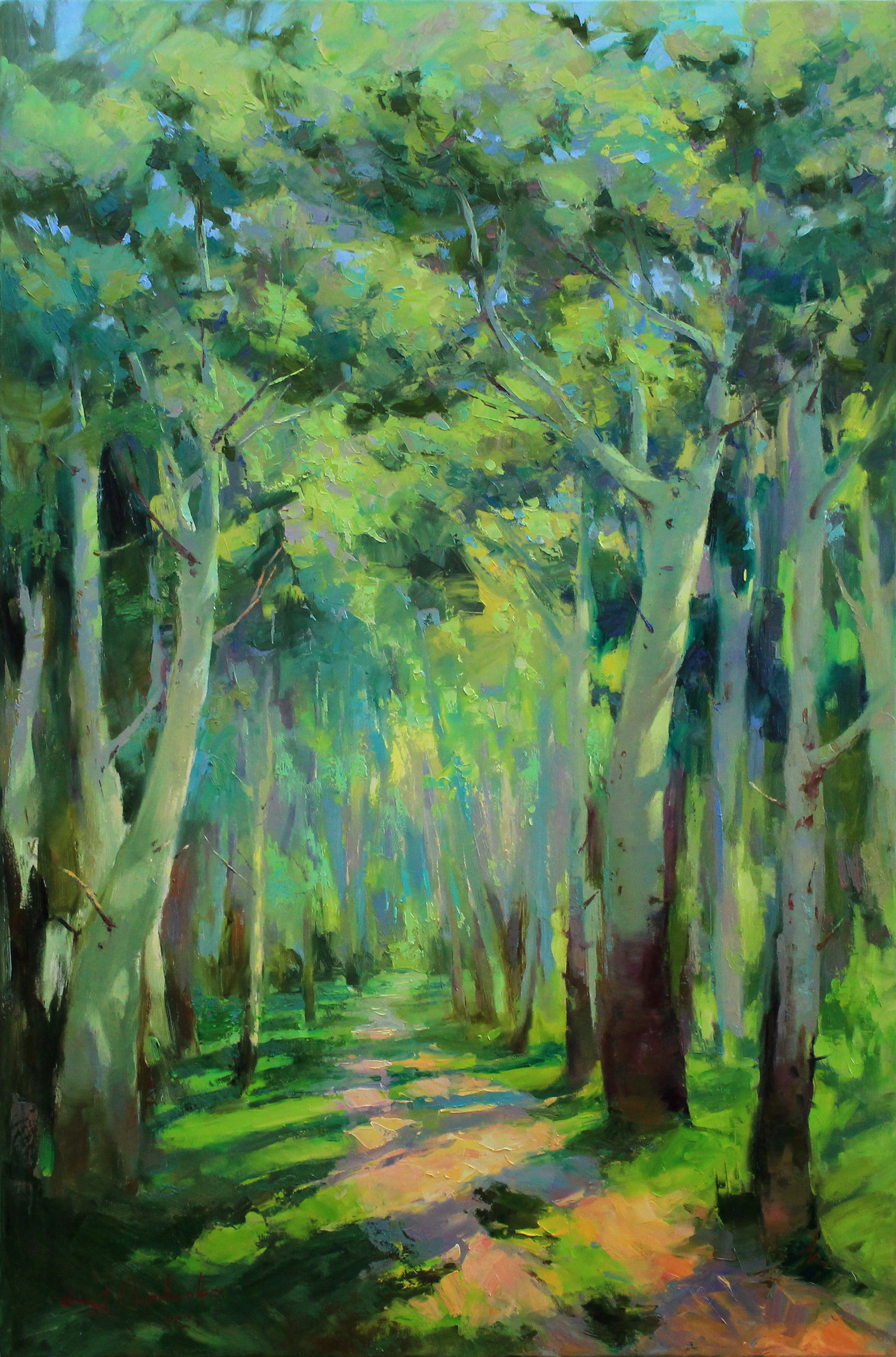 Impressionistic Landscape Oil Painting By Alisa Onipchenko-Cherniakovska, 31 X 47, Road In Greenery, Original Artwork
