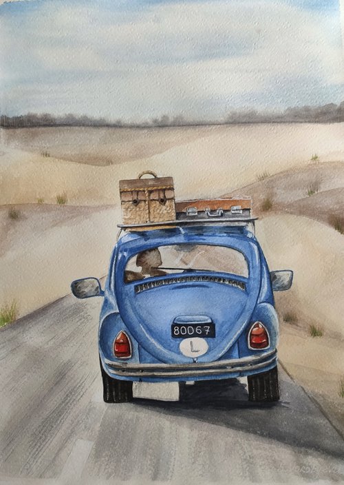 Love to travel. Blue car and suitcases on road watercolor painting on paper. Original artwork by Svetlana Vorobyeva by Svetlana Vorobyeva
