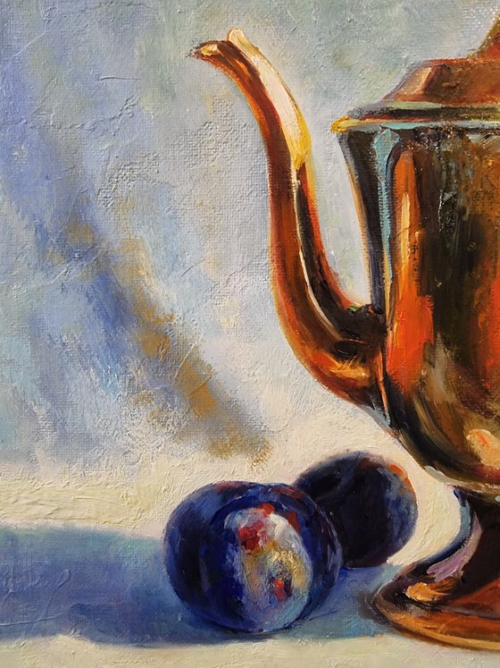 "Teapot and plums. "   still life  liGHt original painting  GIFT (2022)