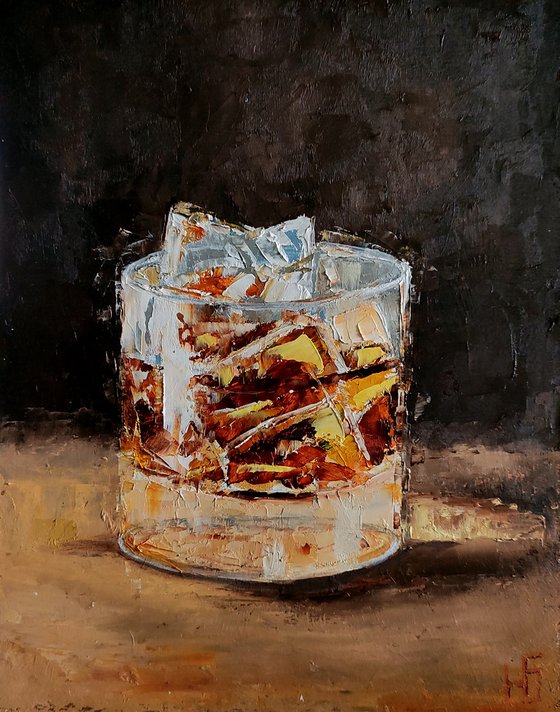 Glass of whiskey, Bourbon Painting Original Art Whiskey Ice Wall Art Cocktail Artwork