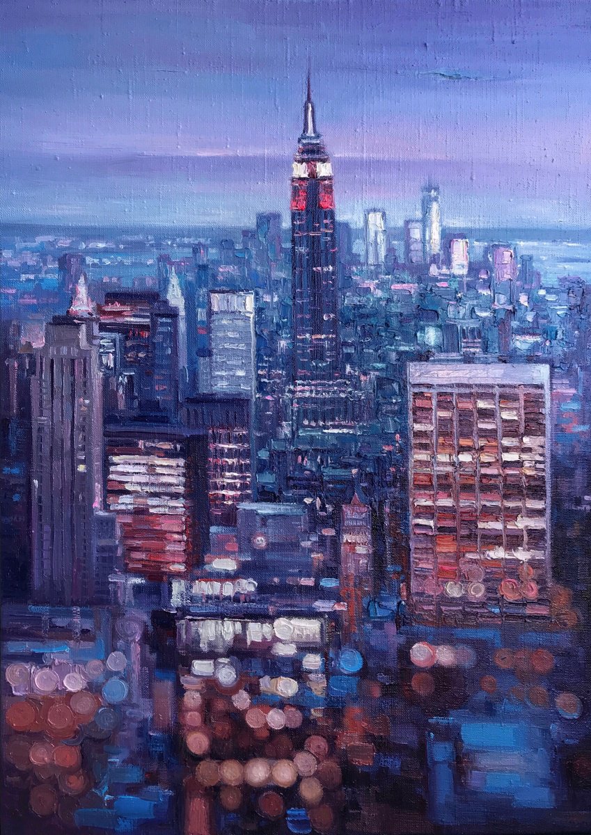 Impressionistic Cityscapes Oil Painting By Artem Grunyka, 20 X 28, New York Twilight, Original Artwork
