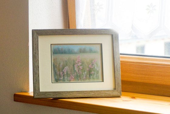 Wildflowers. Framed small pastel painting on gray paper.