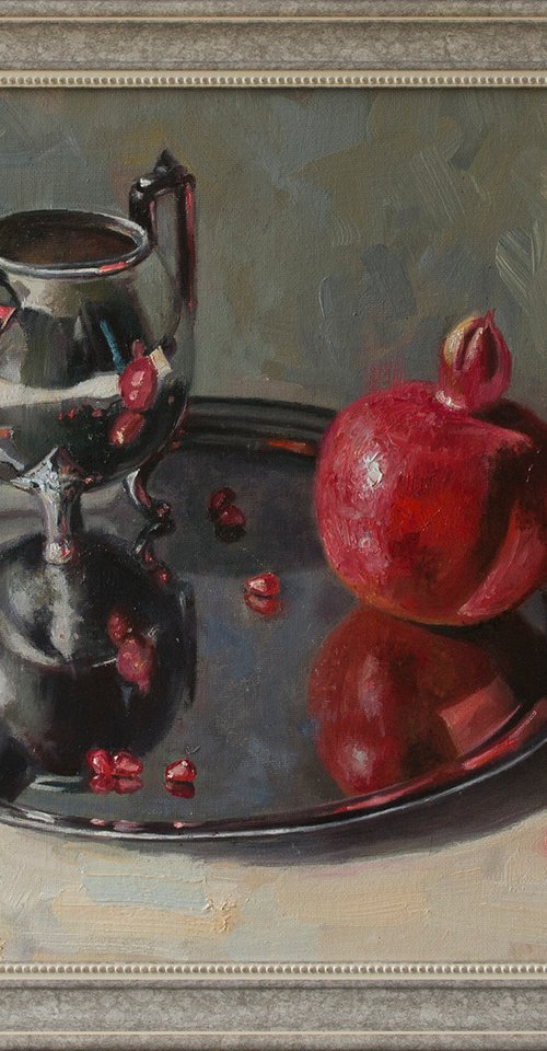 "Reflections" still life pomegranate metal silver white liGHt original painting  GIFT (2019) by Anna Bessonova (Kotelnik)