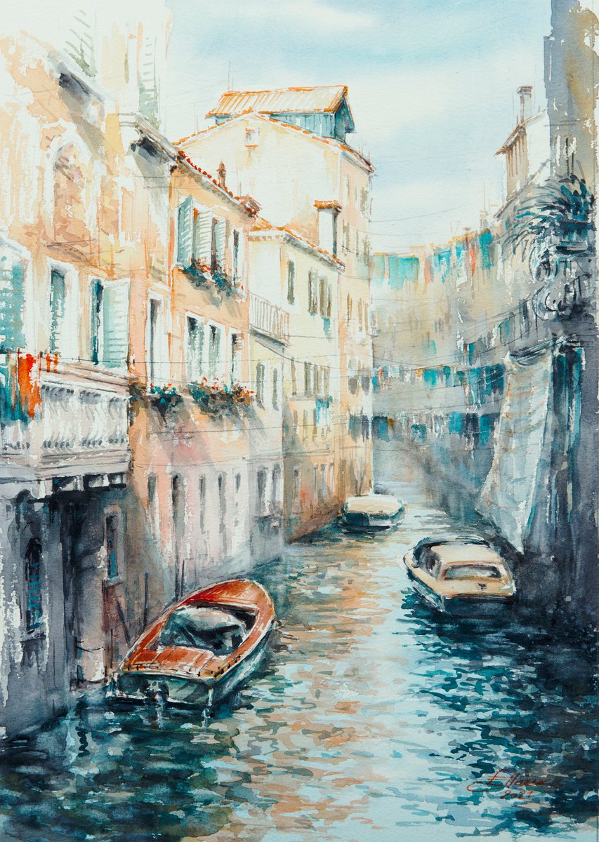 Impressionistic Cityscapes Watercolour By Eve Mazur, 12 X 16, Somewhere In Venice 28 X 41, Original Artwork
