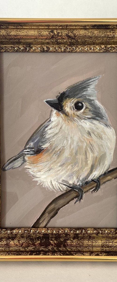 Titmouse Bird painting mini art framed 16x12cm cute mini art by Leysan Khasanova