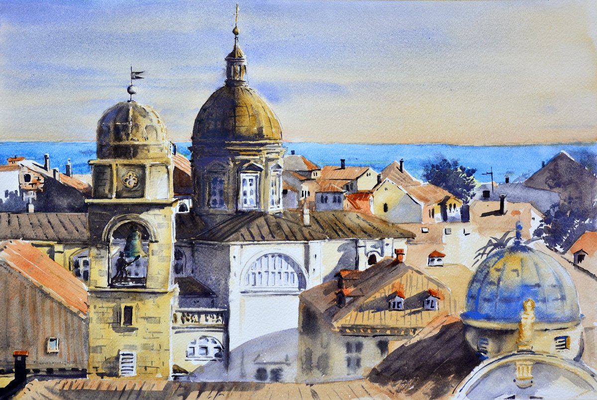 Impressionistic Cityscapes Watercolour By Nenad Kojic, 22 X 15", Panorama Krovovi Dubrovnik Cro, Original Artwork