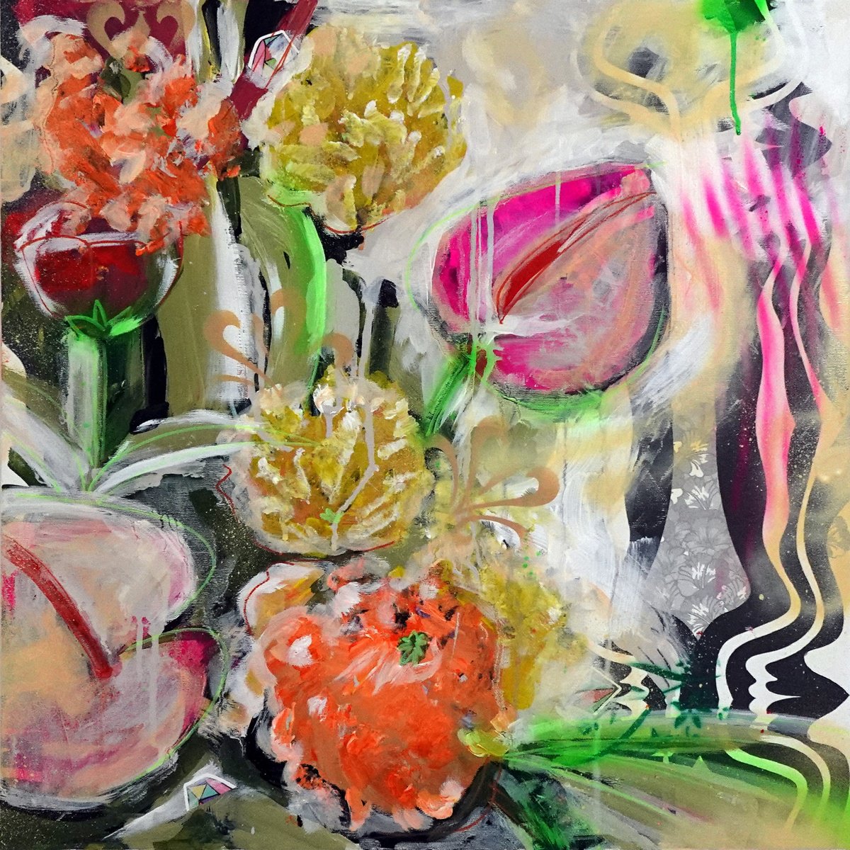 Expressive Botanical Painting By Martina Palmoni, 24 X 24", I Fiori Di Parigi, Original Artwork