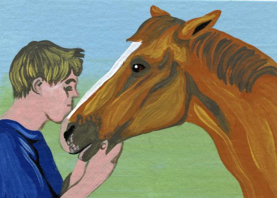 ACEO ATC Original Miniature Painting Horse Human Love Art-Carla Smale