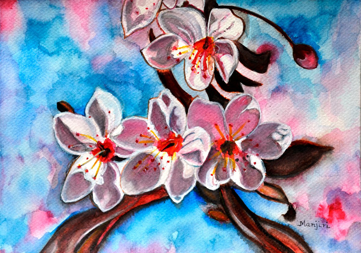 Sakura flowers Japanese Cherry Blossom watercolor painting on sale by Manjiri Kanvinde