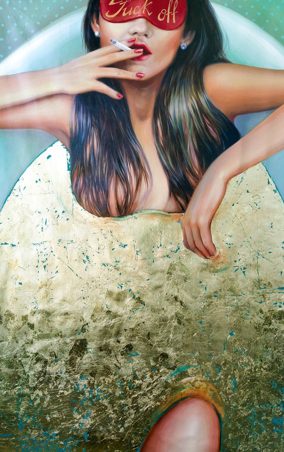 Large original modern painting woman in bathroom in mask for sleeping gold art "Let the world wait for me"