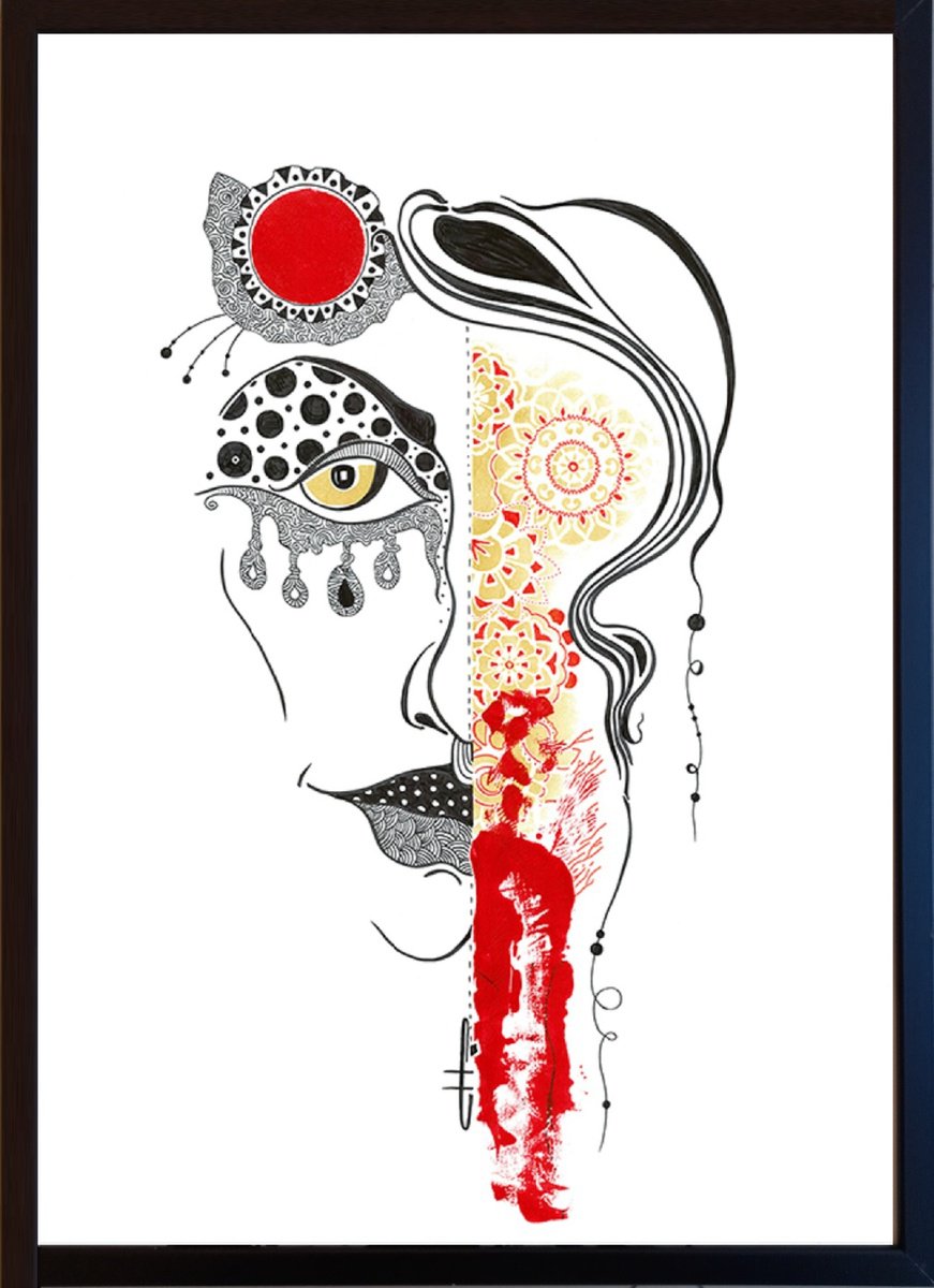 Urban And Pop Portrait Ink Drawing By Silvia Pavlova, 21 X 29", "Bizarre Red", Original Artwork