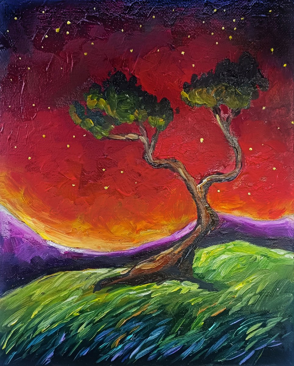 Surrealistic Landscape Oil Painting By Evgenia Smirnova, 8 X 10, Silent Symphony At Dusk, Original Artwork