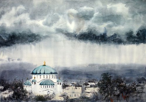 Raining on St. Sava church Belgrade by Nenad Kojić watercolorist