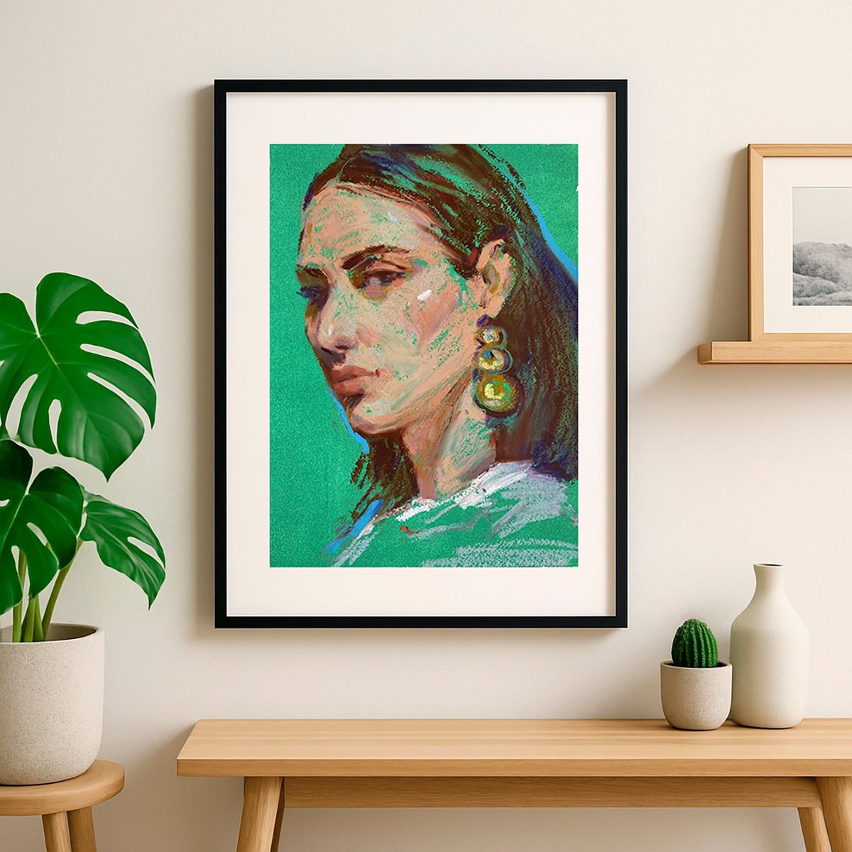 Impressionistic Portrait Pastel Drawing By Tetiana Shendryk, 10 X 13", On Green, Original Artwork