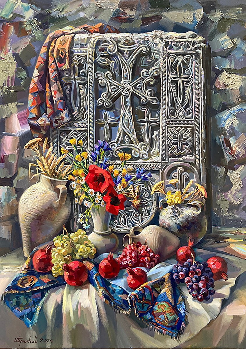 Impressionistic Still Life Oil Painting By Meruzhan Khachatryan, 25 X 35", Still Life And Khachkar, Original Artwork