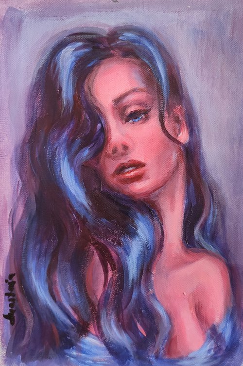 Original acrylic painting Blue Series Woman Portrait II by Anastasia Art Line