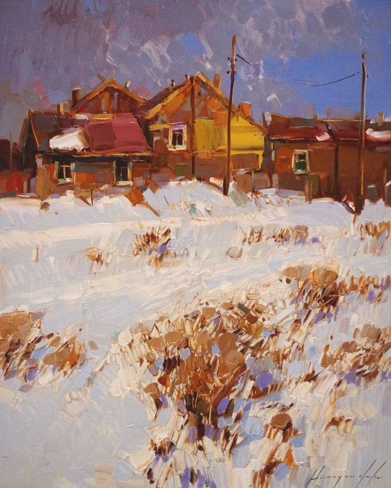 Village Yard Landscape Winter Original oil painting  Hand painted art work One of a kind