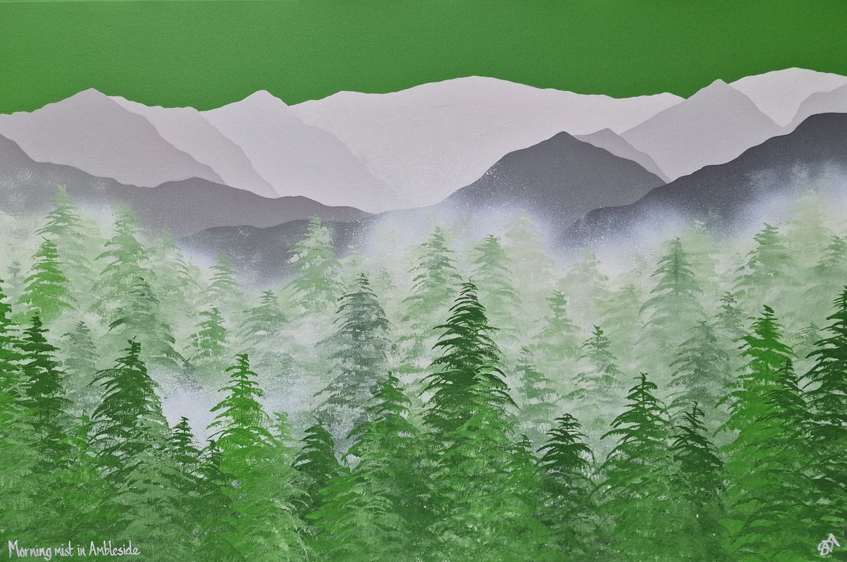 Organic Landscape Acrylic Painting By Sam Martin, 36 X 24", Morning Mist In Ambleside, Original Artwork