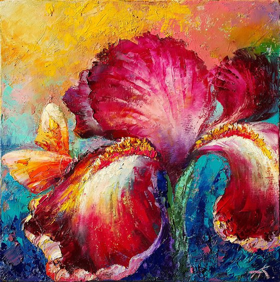 Iris and butterfly - painting oil